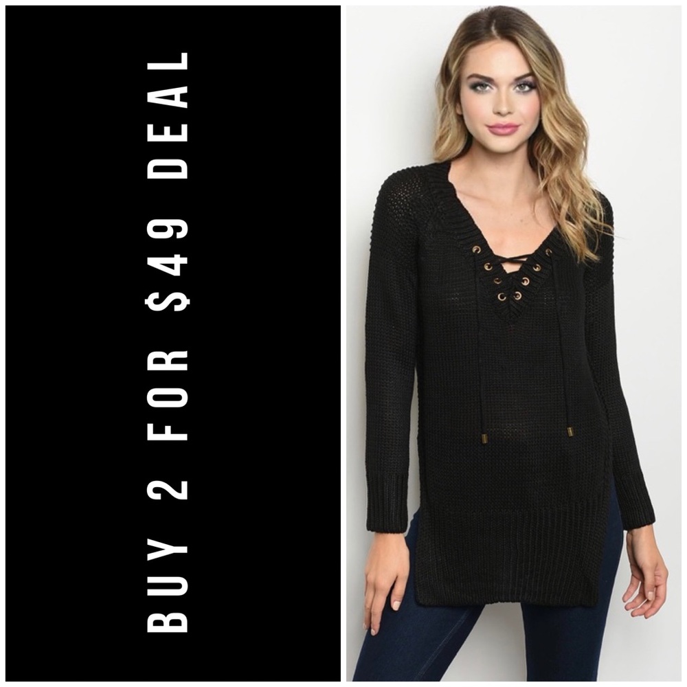 BLACK LACE UP SWEATER